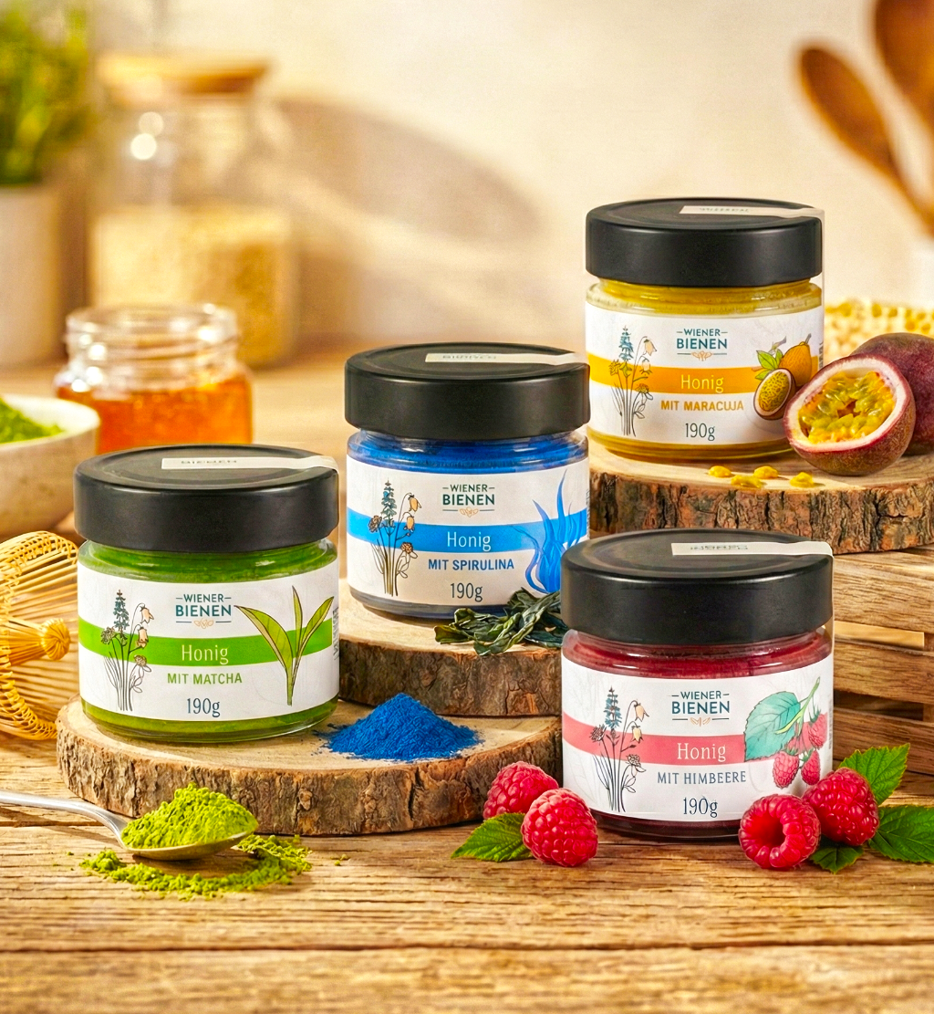 4 Cremehonige angereichert mit Matcha, Maracuja, Spirulina und Orange