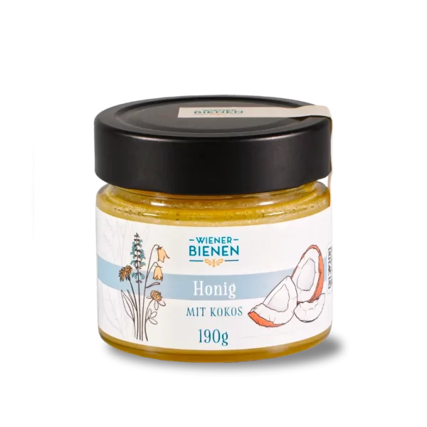 190g-Glas Wiener Bienen Cremehonig mit Kokos, hell-cremige Farbe und weißes Etikett mit Kokosnuss-Illustration.