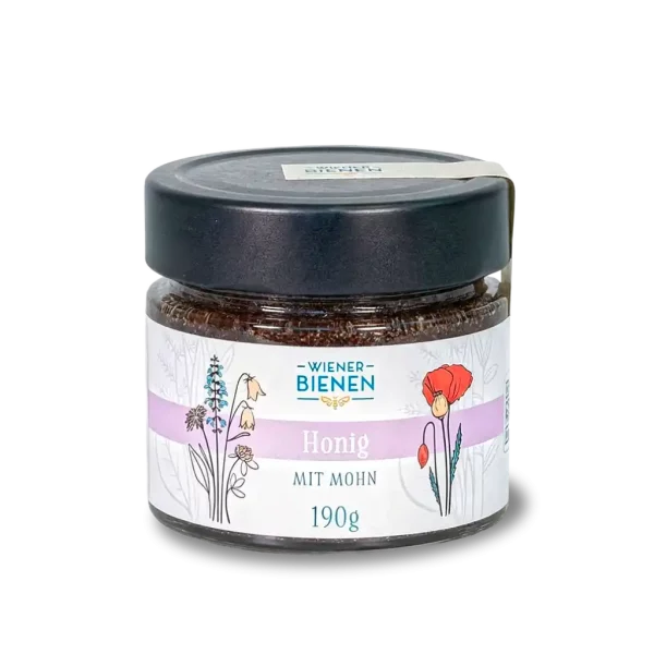 Glas Wiener Bienen Cremehonig mit Mohn, dunkle Textur mit feinen Mohnsamen und schwarzem Verschlussdeckel.