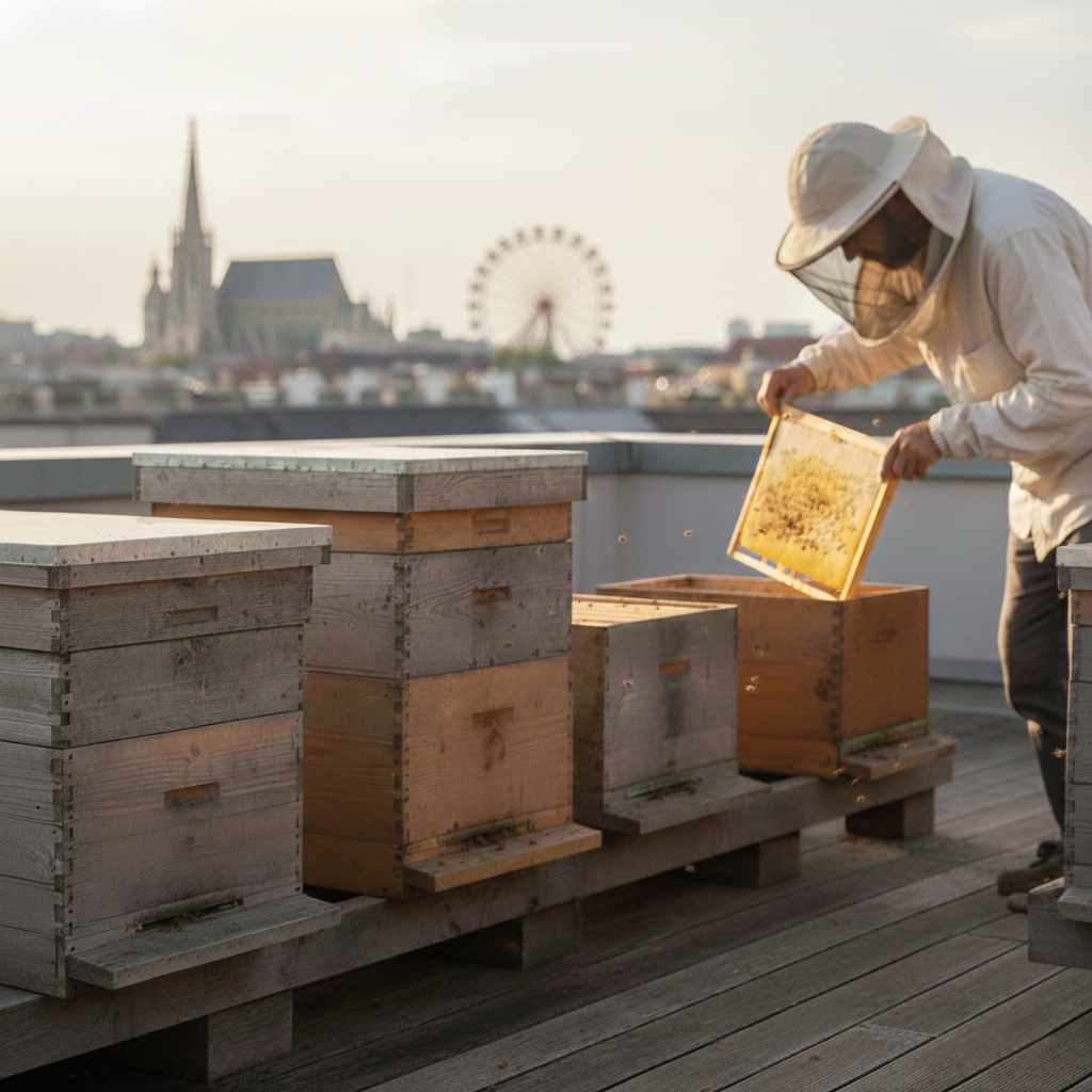 Imker vor Bienenvölkern mit Bienenwabe in der Hand auf einen Flachdach in Wien. im Hintergrund die Sihouette von Wien.