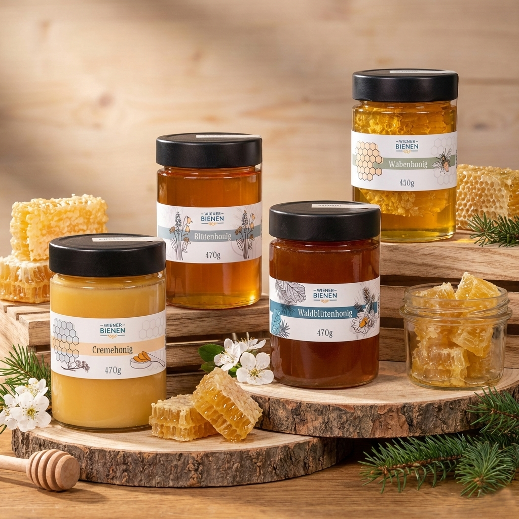 Blütenhonig, Waldblütenhonig, Cremehonig und Wabenhonig in gruppe arrangiert