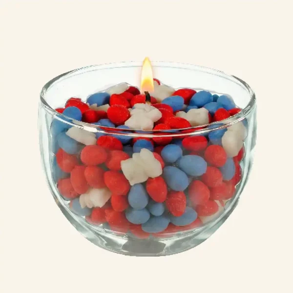 Spielkerze für Ostern rote und blaue Wachseier und weiße Wachshäschen