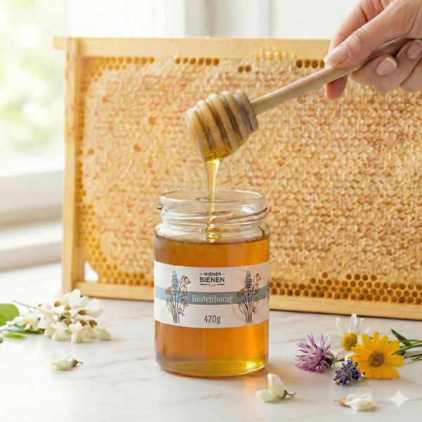 Glas mit Blütenhonig und Hand die Honiglöffel hält. Im Hintergrund eine volle Honigwabe
