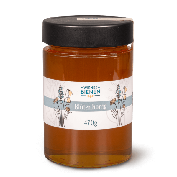 Regionaler Wiener Blütenhonig von „Wiener Bienen“, abgefüllt in einem 470g-Glas mit minimalistischem Design und Blumen-Motiven.