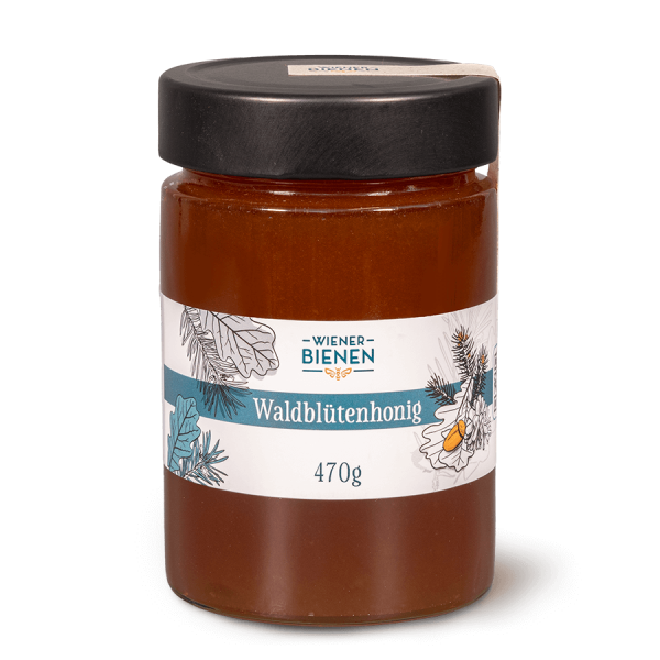 Kräftiger naturbelassener Wldblütenhonig von „Wiener Bienen“, abgefüllt in einem 470g-Glas mit minimalistischem Design und Blumen-Motiven.