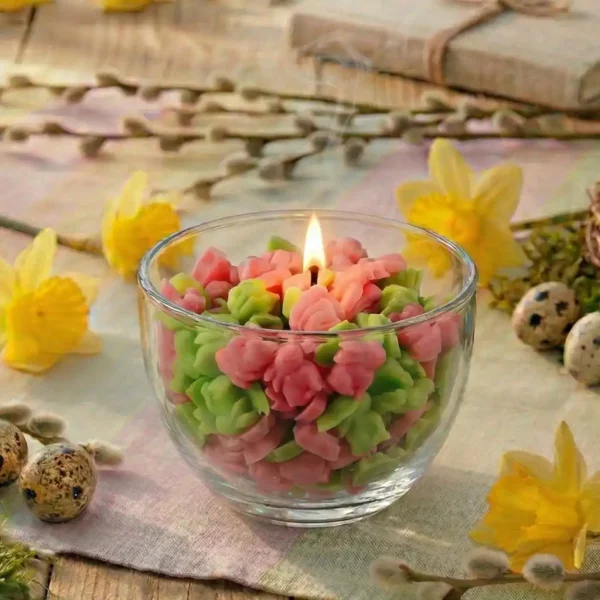 Spielkerze für Ostern befüllt mit rosa und grünen Häschen auf Tisch für Ostern dekoriert