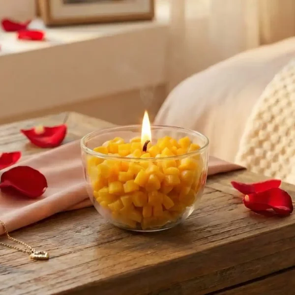 Spielkerze mit Bienenwachsherzen in Glasschale auf Tisch mit roten Blütenblättern